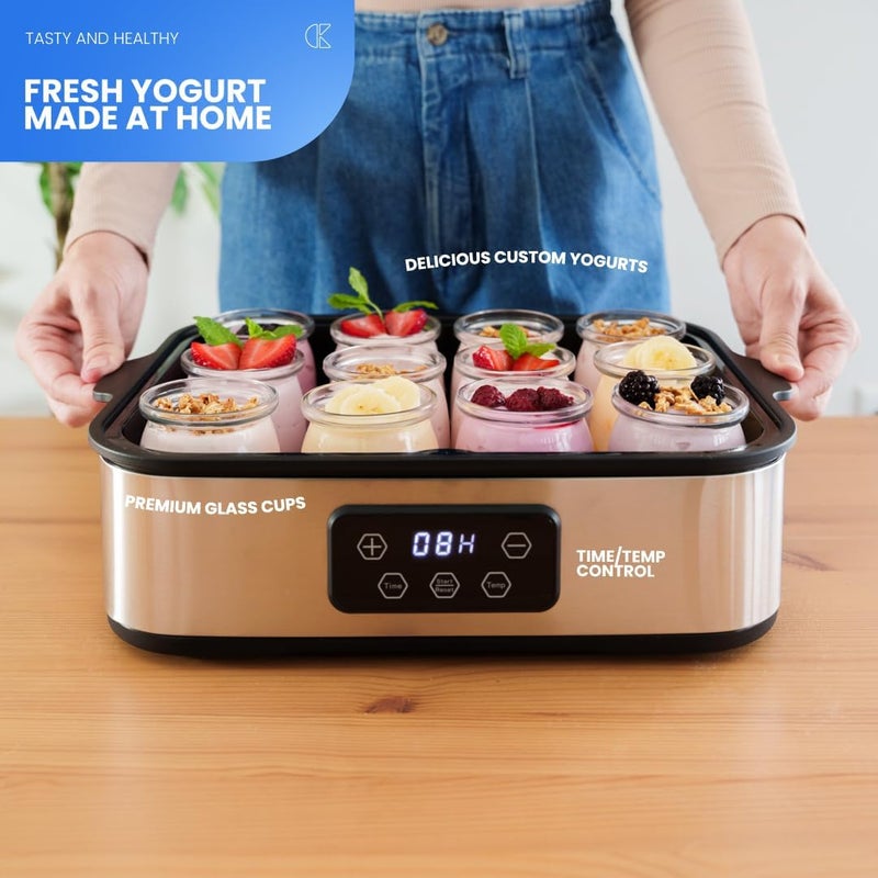 Collier Kitchen Automatic Yogurt Maker | 12 Glass Jars 180ml, Digital Timer & Temp Control | Stainless Steel Greek Yogurt Machine with Auto Shut-Off for Homemade Healthy Probiotic Snacks - Image 2